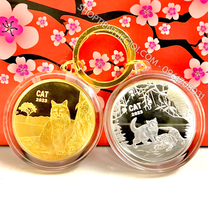 Cặp Móc Khóa Xu Úc Hình Con Mèo Mạ Vàng Bạc - SP005895